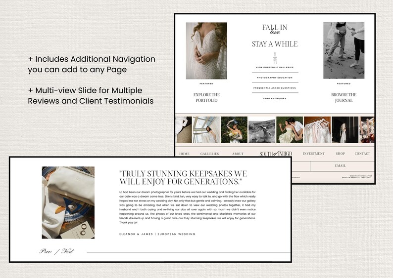 May include: Website screenshot featuring a couple's wedding photography portfolio. The website has a clean, modern design with a white background and black text. The website includes a navigation bar with links to the home page, galleries, about, investment, shop, contact, and email. The website also includes a testimonial from a happy customer. The testimonial reads "Truly stunning keepsakes we will enjoy for generations."