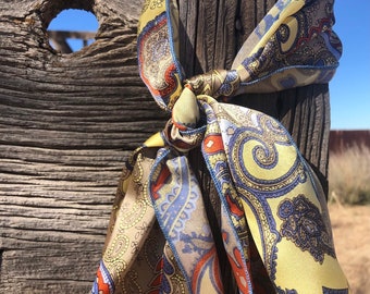 Silk Scarf Paisley Tan Blue Yellow Women Headband Hairtie