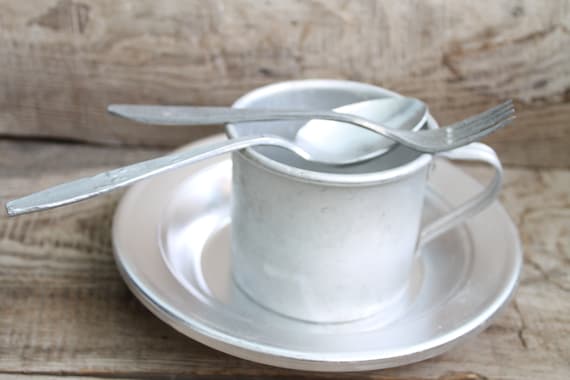 Military Set of Dishes: Mug, Bowl, Spoon and Fork, Minimalist