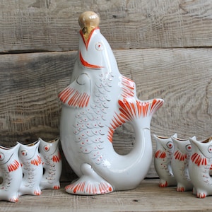 Porcelain Fish Drinking set, Vintage Kitchen Decor - Porcelain Drinking Set - Decanter and 6 Glasses, gift for kitchen decor