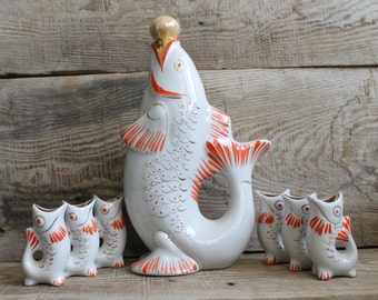 Porcelain Fish Drinking set, Vintage Kitchen Decor - Porcelain Drinking Set - Decanter and 6 Glasses, gift for kitchen decor