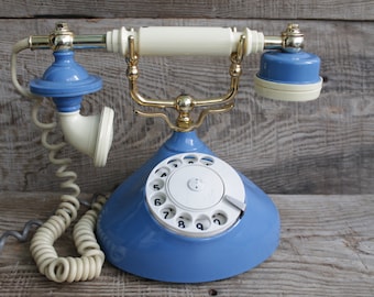 Vintage Ufa Rotary Phone: Blue Landline Desk Phone, USSR 1990
