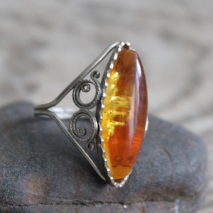 Vintage Amber Stone Ring: Medieval Found Object Jewelry, US Size 7