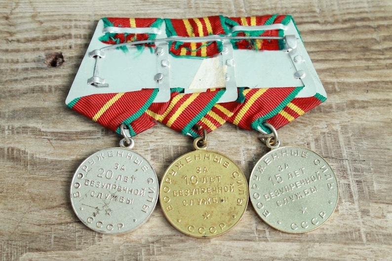 3 Vintage Soviet military medals on one block USSR Armed Forces for 10 15 /& 20 years Irreproachable Service