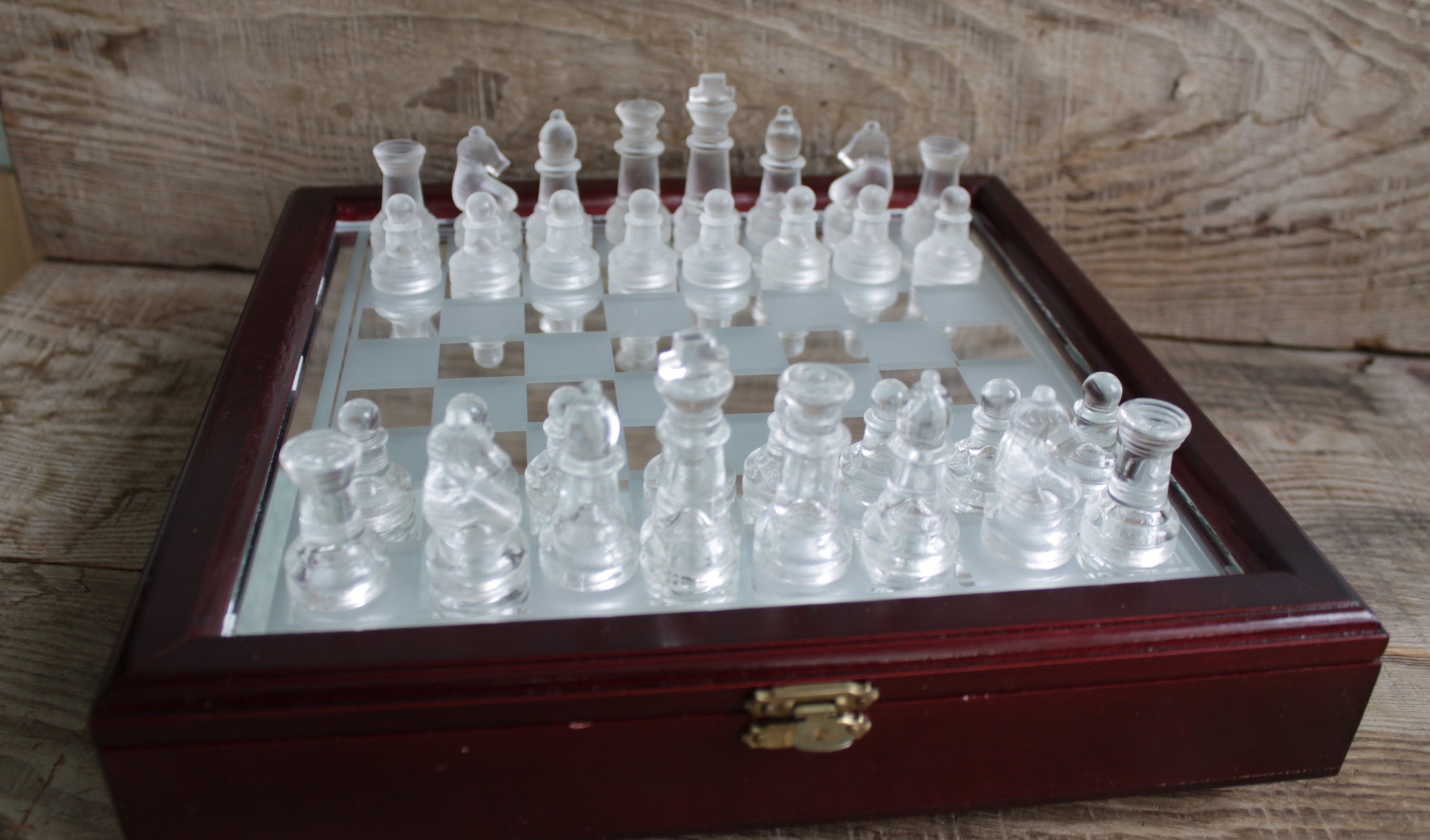 GROßES GESCHENK Glas Schach Spiel Set Glas Bord Matt Schach Stück