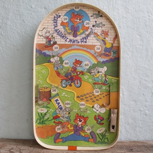 Vintage Pinball Game Board 16.5 &quot; (410 mm), Vintage Wooden Pinball Game from 70-80th, pinball Football Board Game, Billiard Table Top Game