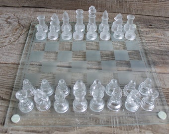 glass chess set / Vintage glass chess set with glass board / glass made chess / collectible chess set, retro chess