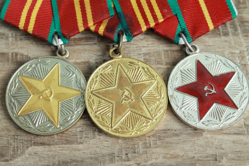 3 Vintage Soviet military medals on one block USSR Armed Forces for 10 15 /& 20 years Irreproachable Service
