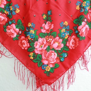 Piano shawl, Russian shawl fringe Large floral shawl, wool shawl 33 &quot;, vintage floral scarf, Grandma shawl