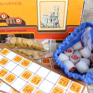 Juego Vintage Lotto, juego de Bingo retro con barriles de plástico, juego completo de cartas y barriles / juego de mesa vintage