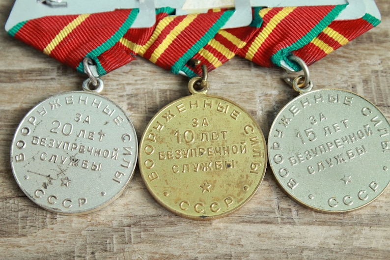 3 Vintage Soviet military medals on one block USSR Armed Forces for 10 15 /& 20 years Irreproachable Service