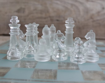 glass chess set, Vintage glass chess set with glass board, glass made chess, collectible chess, retro chess, y2y chess set, minimalist chess