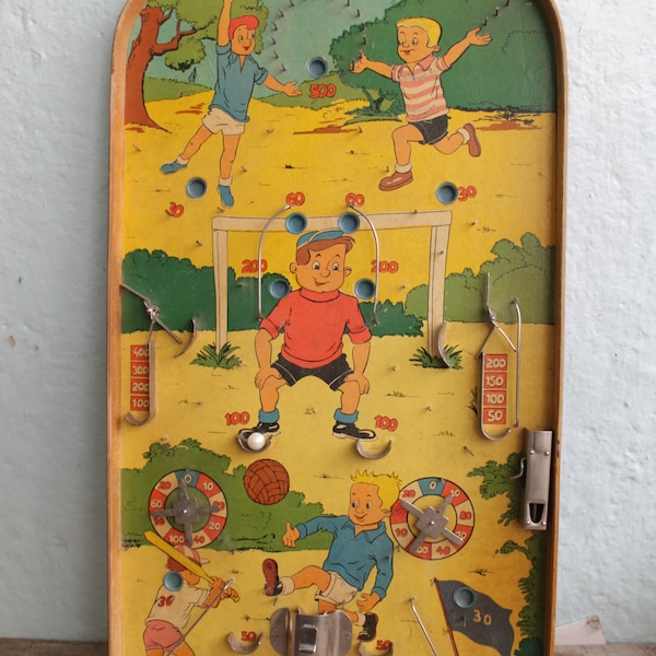 Vintage Pinball Spielbrett 600 mm, Fußball Vintage Holz Pinball Spiel 1960er Jahre, Pinball Fußball Brettspiel - Tischspiel