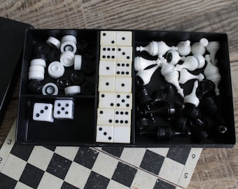 vintage chess set with checkers, domino and bones / road Chess Set with magnets, Vintage chess set , collectible chess set