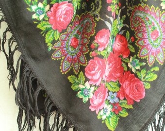 Sciarpa vintage in lana floreale: scialle Babushka con frange nere (35")