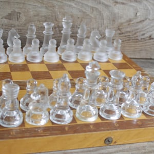 glass chess set / Vintage glass chess set with glass board / glass made chess / collectible chess set, retro chess