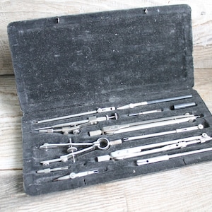 Drawing Compass, Vintage set of Drawing Instruments / 10" x 4.3" /  Engineering vintage, Engineering Science equipment
