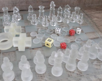 glass chess set  4 in 1 / Vintage glass Chess, Checkers, Backgammon and  Tic Tac Toe set with 3 glass boards / glass made chess set