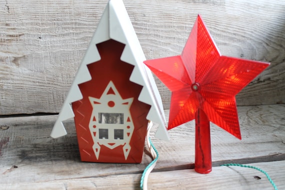 Christmas Tree Lights Red Star And House With 2 Sockets Shimmer Control For Connecting Garlands Soviet Christmas Decoration On The Tree