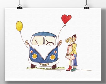 Bulli kaart "Love Bus" VW Bulli Love Hippie Bus VW Combi gunst kaart voor 60's Valentijnsdag kaart Vintage Christmas Get Married Be in Love