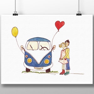 Bullikarte "Love Bus VW" Bulli Liebe Hippie Bus VW Combi favor card for 60's Valentinskarte Vintage Christmas Get Married Be in Love