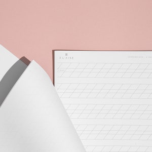May include: A white calligraphy practice pad with diagonal guidelines and the text "A L'AISE" and "COPPERPLATE". The pad is open, revealing several pages. The background is a solid, soft pink.