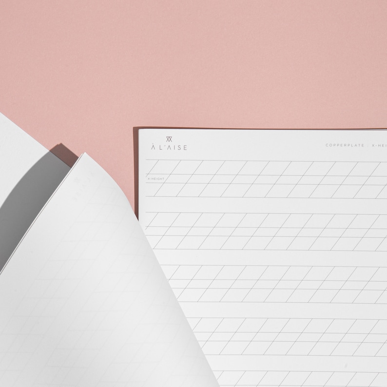 May include: A white calligraphy practice pad with diagonal guidelines and the text "A L'AISE" and "COPPERPLATE". The pad is open, revealing several pages. The background is a solid, soft pink.