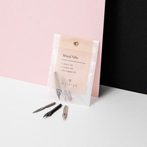 Pu&ograve; includere: Un pacchetto di pennini misti per calligrafia, con il testo "Mixed Nibs" e il marchio "&Agrave; LAISE". Il pacchetto contiene un pennino Zebra G, un pennino L'&Eacute;cali&egrave;re e un pennino Blue Pumpkin. Tre pennini singoli sono esposti davanti al pacchetto.