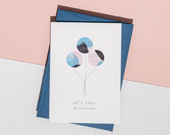 Lets Party, Birthday Balloons Card | Birthday Card | Watercolour Card | Foil Card | Letterpress Card | Luxury Card | FSC Certified