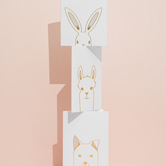 Set of 6 Cute Animal Cards - Foil Printed; Bunny Card, Llama Card, Dog Card, Luxury Card, Letterpress Card, Greetings Card Set, Animal Card
