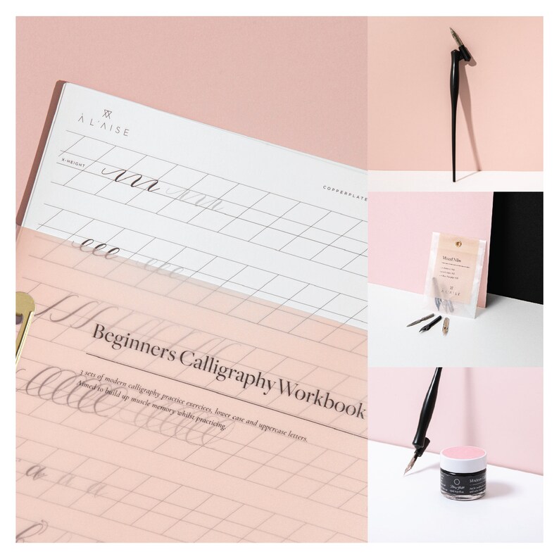 Pu&ograve; includere: Una collezione di forniture per calligrafia, tra cui un quaderno, inchiostro, pennini e penne. Il quaderno presenta linee a griglia ed esempi di lettering. L'inchiostro &egrave; in un piccolo barattolo con coperchio rosa. Le penne sono nere.