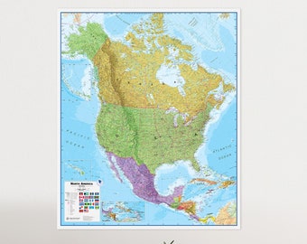 North America Wall Map - Laminated - 48 x 36  inches - Road trip, united states, USA Canada map, wall hanging, living room, study