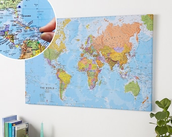 Push Pin World Map Canvas: Political Wall Art Decor