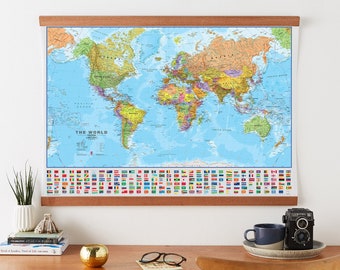 Political World Map with Flags Poster - home, wall hanging, push pin map, living room, bedroom, home decor, map poster, study, FREE Shipping