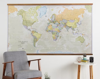 Classic World Map Large Poster Wooden Wall Hanging, Most Detailed Up To Date Vintage Style Map of the World, home decor, wall art