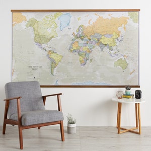 Classic World Map Large Poster Wooden Wall Hanging, Most Detailed Up To Date Vintage Style Map of the World, home decor, wall art image 1