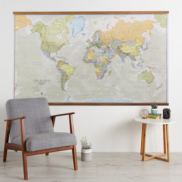 Classic World Map Large Poster Wooden Wall Hanging, Most Detailed Up To Date Vintage Style Map of the World, home decor, wall art