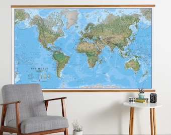 Huge Natural Terrain World Map Poster - Wooden Hanging, 48 x 77.5 , environmental, home decor, home, bedroom, living room, map of the world