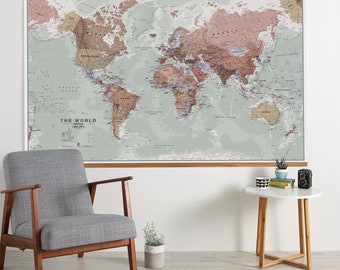 Huge Executive World Map Poster Wooden Hanging, 48 x 77.5 , Vintage, elegant, home decor, home, bedroom, living room, map of the world
