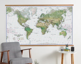 Huge Natural Terrain World Map Poster White Ocean - Wooden Hanging, 48 x 77.5 , environmental, home decor, home, living room