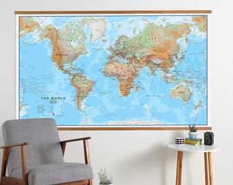 Huge Physical Natural Terrain World Map Poster - Wooden Hanging, 48 x 77.5, natural elevation, home decor, living room, map of the world