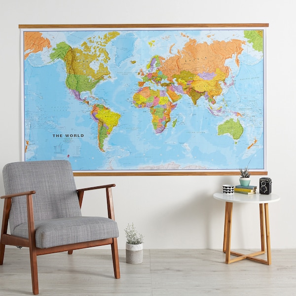 Huge Political World Map Poster Wooden Hanging, 46 x 80, home decor, home, classroom, study, bedroom, living room, map of the world