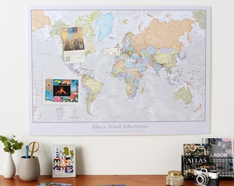 World Map Push Pin - Classic Personalized World Travel Map, wall hanging, wall art, home deco, travel map, travel, holiday, personalized map