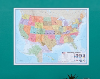 Political Map of the USA - Laminated - 36 x 48 inches - Road trip, united states, USA map, home decor, wall hanging, living room, study