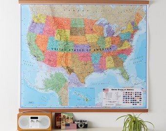 Political Map of the USA -- Road trip, united states, USA map, home decor, wall hanging, home, living room, study, bedroom