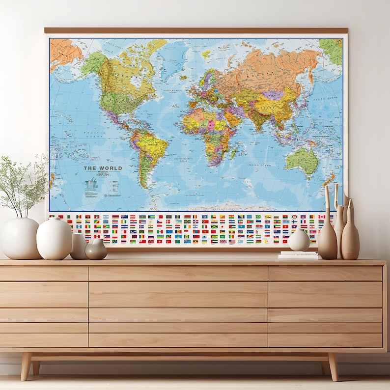 Political World Map with Flags Poster - home, wall hanging, push pin map, living room, bedroom, home decor, map poster, study, FREE Shipping image 1
