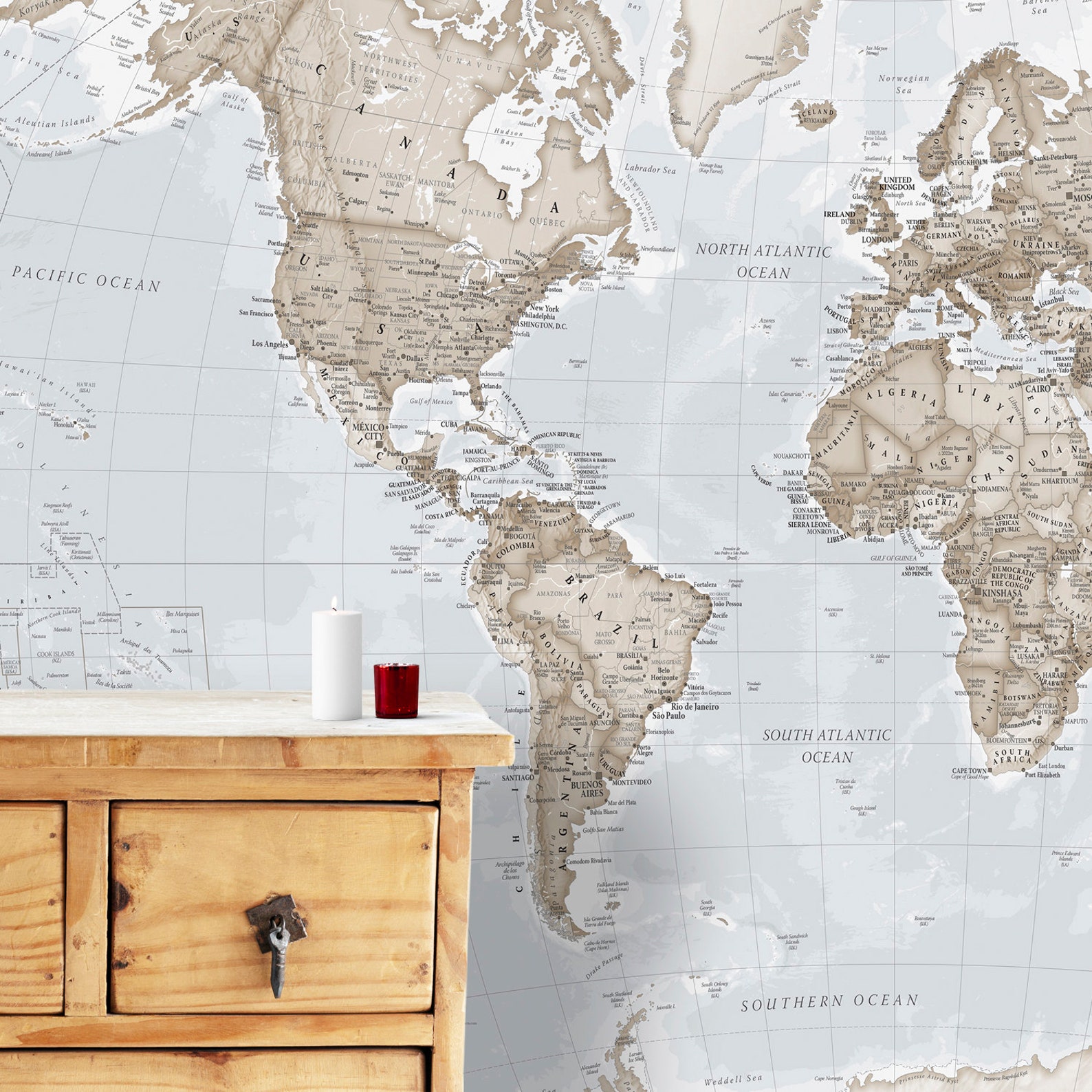 Giant World Map Mural Neutral mural Wall Decal Map Etsy