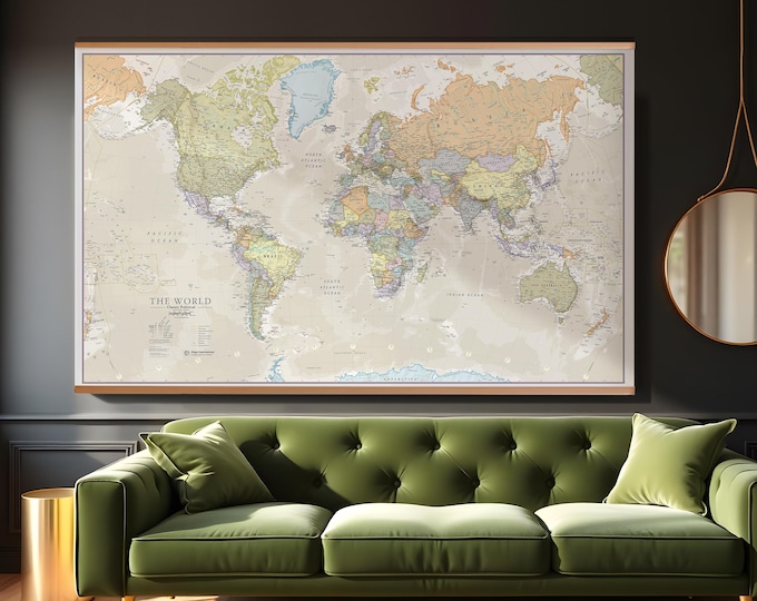 Classic World Map Large Poster Wooden Wall Hanging, Most Detailed Up To Date Vintage Style Map of the World, home decor, wall art