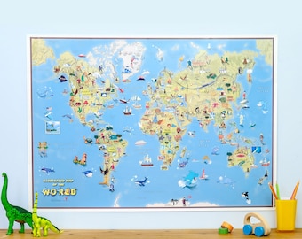 Kids Cartoon Map of the World - Silk Art Paper -- Home decor, kids bedroom, gift, wall hanging, wall map, map poster, FREE Shipping