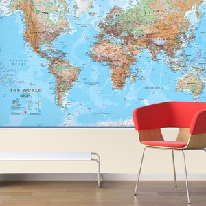 World Wall Map Physical Laminated Without Flags gift, home, bedroom, physical map, map of the world, push pin map, Free Shipping image 1